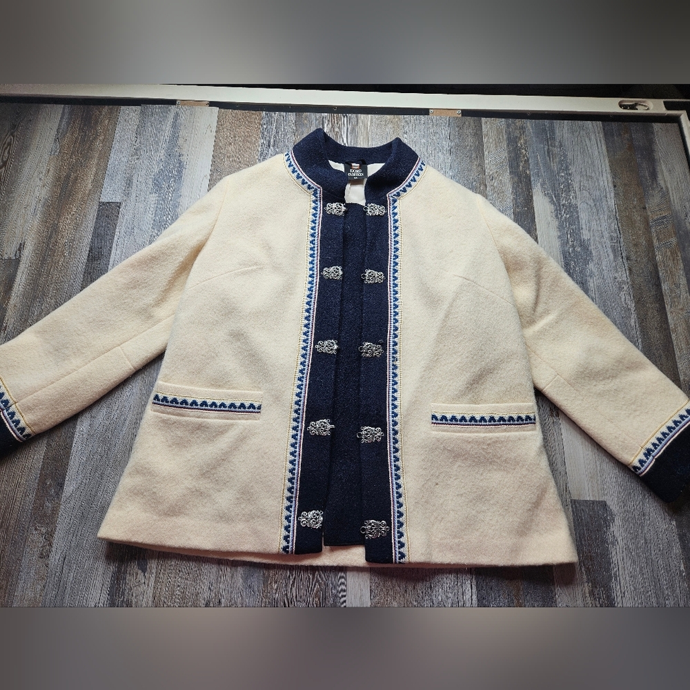 Fjord Fashion Norwegian Wool Jacket Vintage Size XL Cream & Navy Blue - Picture 1 of 14
